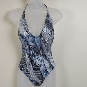 Onia Nina Halter Style One Piece Swimsuit lndigo Leaf print